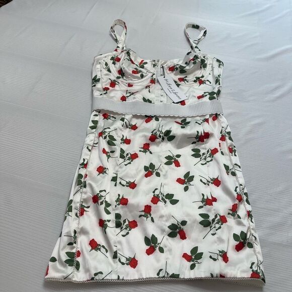 For Love and Lemons Love Song Bustier Satin Mini Dress Roses White Womens Small - Picture 1 of 7
